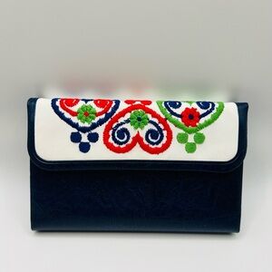 Vintage Shaker Square Embroidered Checkbook Wallet Navy Vinyl NOS
